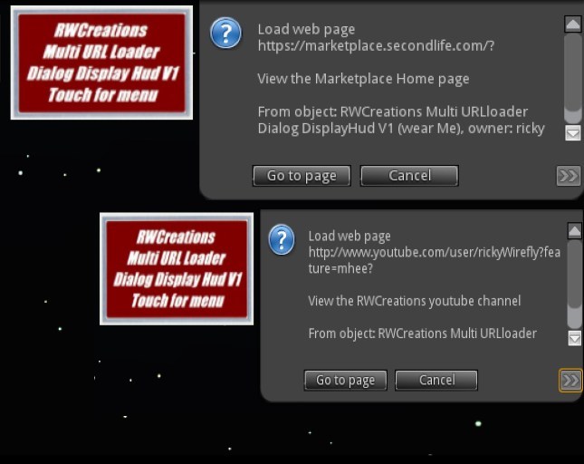 Second Life Marketplace Auto Display Dialog Menu Multi URL Loader